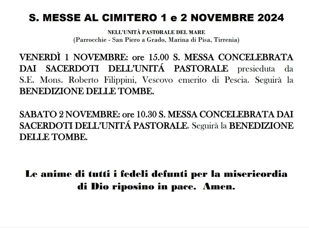 Locandina: S. Messe al cimitero 1 e 2 novembre 2024